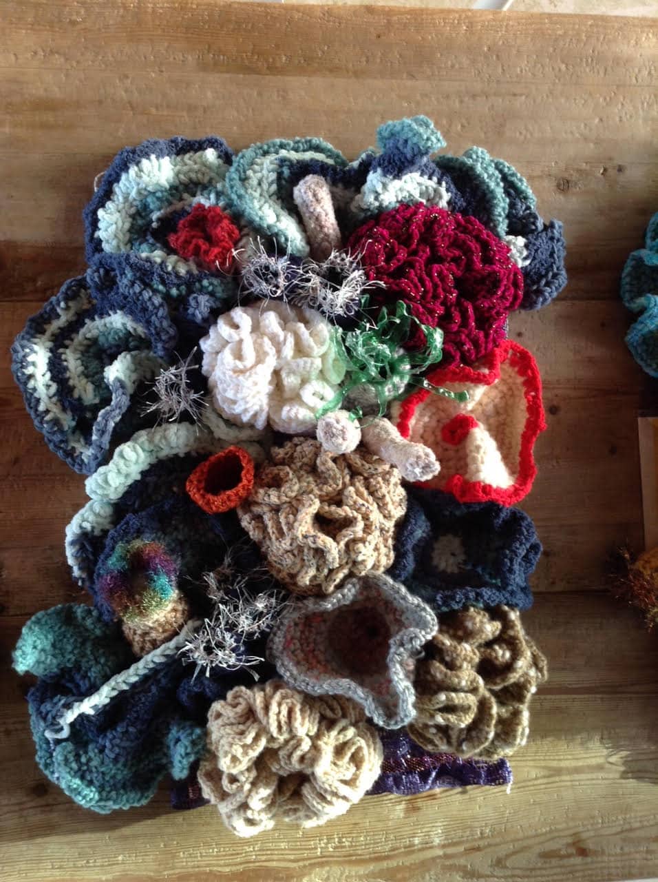 a collection of colorful, crocheted shapes resembling coral and sea life displayed on a wooden surface.