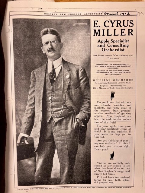 black and white photo of e. cyrus miller, a man with a mustache in a suit holding a hat and papers, alongside an advertisement for his apple orchard consulting services.
