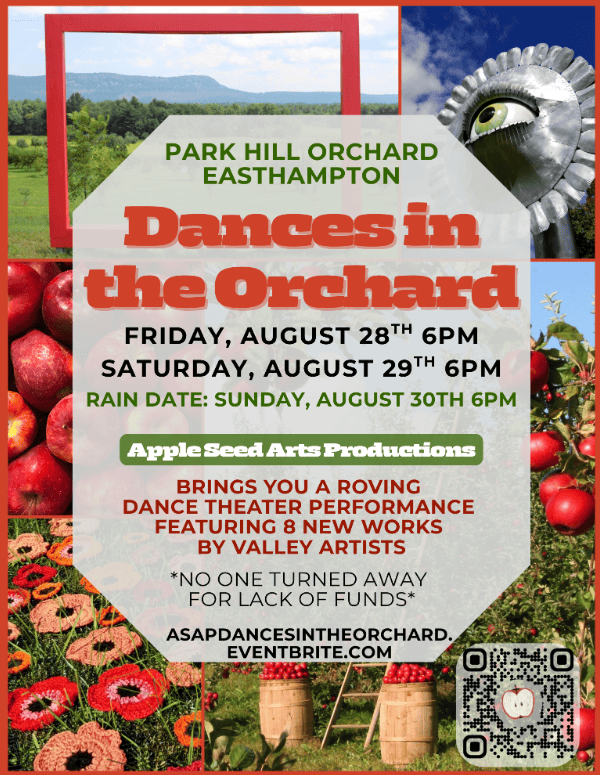 poster for “dances in the orchard” at park hill orchard, easthampton, with event details, apples, and orchard images in the background.