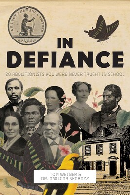 book cover for "in defiance: 20 abolitionists you were never taught in school" featuring portraits of historical figures