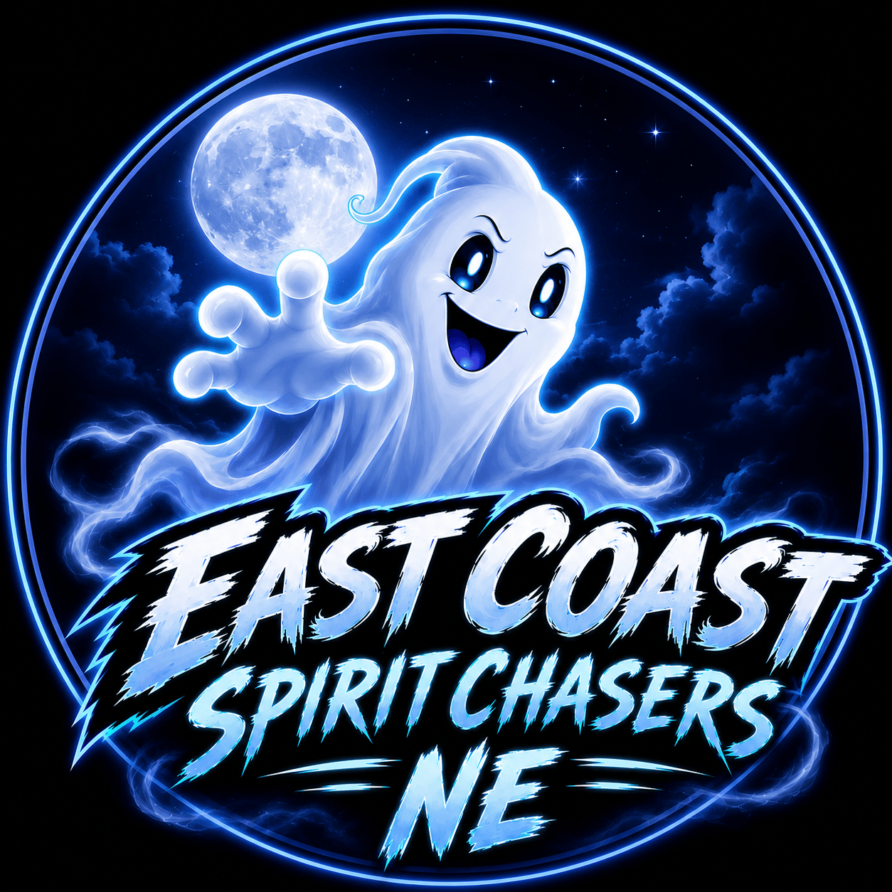 circular logo featuring a cartoon ghost, a full moon, and the text “east coast spiritchasers ne.”