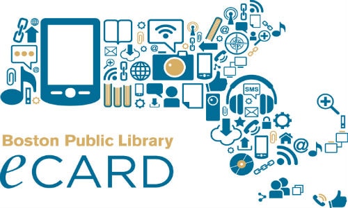 boston public library ecard logo with tech and media icons forming the shape of massachusetts.