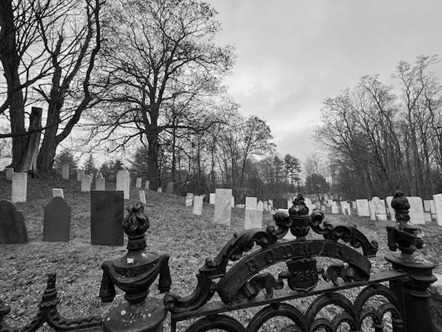 black and white photo of a cemetery with headstones on a hill, framed by an ornate iron gate and leafless trees under a cloudy sky.