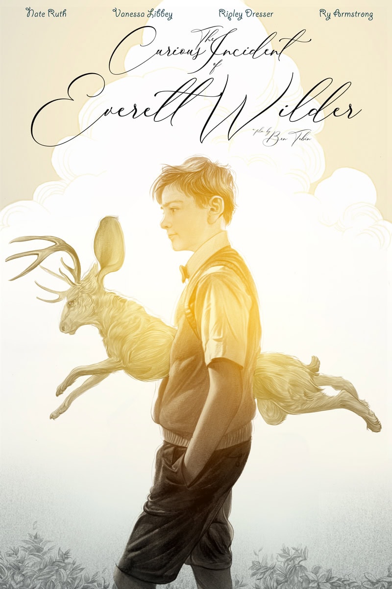 a boy in a vest and bow tie stands with a jackalope beside him; film title "curious incident of everett wilder" is written above in script.