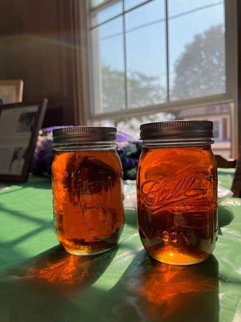 two glass mason jars filled with amber liquid sit on a green tablecloth near a sunlit window.