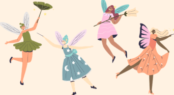 four illustrated fairies with wings and colorful dresses are floating in different poses, holding various magical objects.