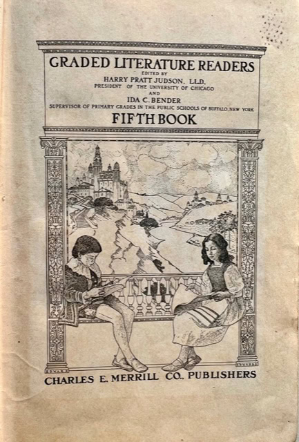 cover of "graded literature readers: fifth book," featuring two children reading, with a village and castle in the background. published by charles e. merrill co. publishers.