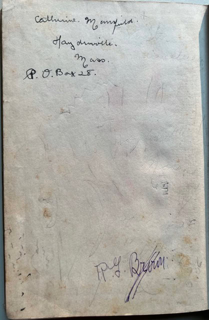 a handwritten note on aged paper reads: "catherine mansfield, haydenville, mass., p.o. box 26," with a signature "r.l. brown" at the bottom.