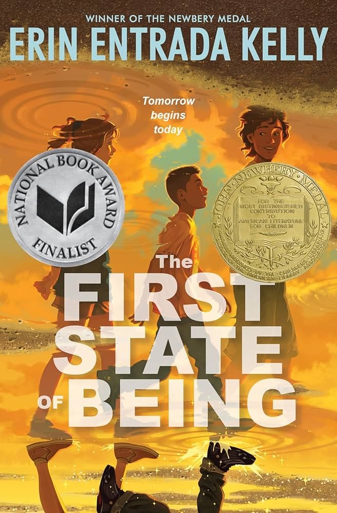 book cover of “the first state of being” by erin entrada kelly, featuring three kids walking on a road with two award medals displayed and a sunset sky in the background. book cover of "the first state of being" by Erin Entrada Kelly.