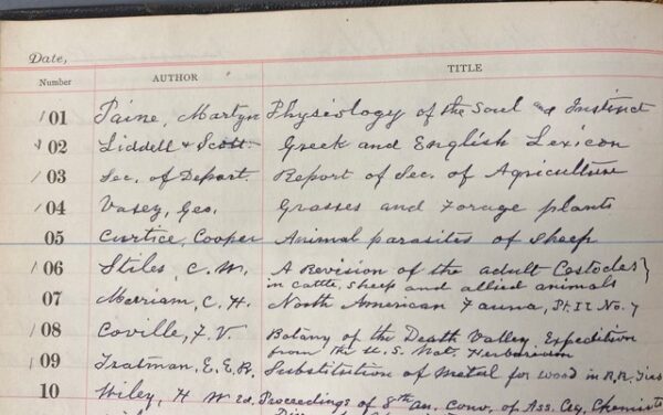 a handwritten library ledger lists books by date, author, and title, with entries on subjects such as agriculture, insects, and plant toxicity.