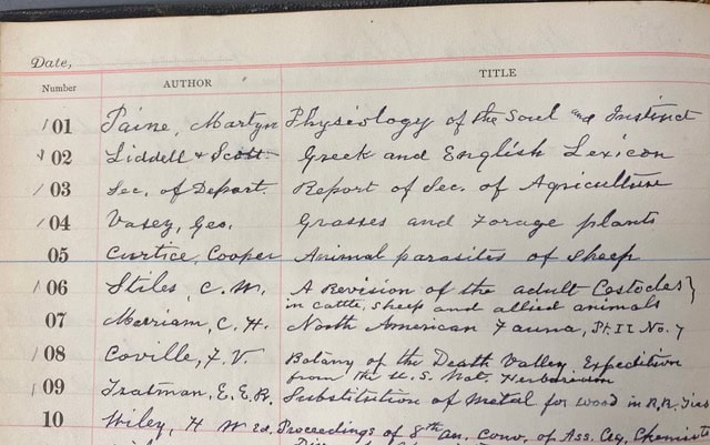 a handwritten library ledger lists books by date, author, and title, with entries on subjects such as agriculture, insects, and plant toxicity.
