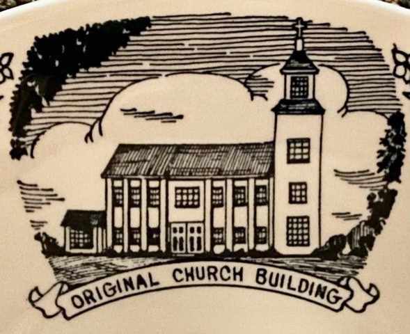 black and white illustration of a traditional church building with tall windows and a steeple, labeled "original church building" on a banner below.