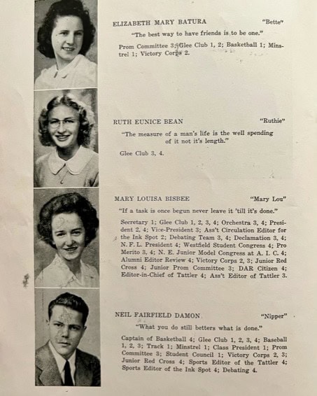 a yearbook page with black and white portraits and brief biographies of four students: three female and one male, listing their names, nicknames, and extracurricular activities.