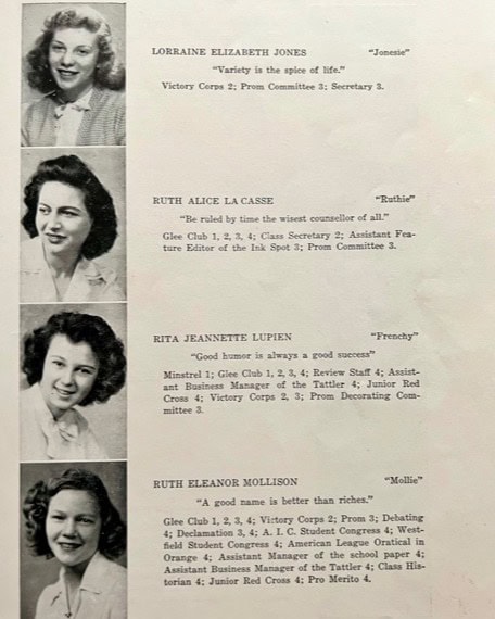 a yearbook page with black and white portraits of four young women, each with their name, nickname, quote, and a list of their school activities.