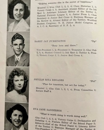 black and white yearbook page with portraits and short biographies of four students: three women and one man, each with their school roles and club participation listed.