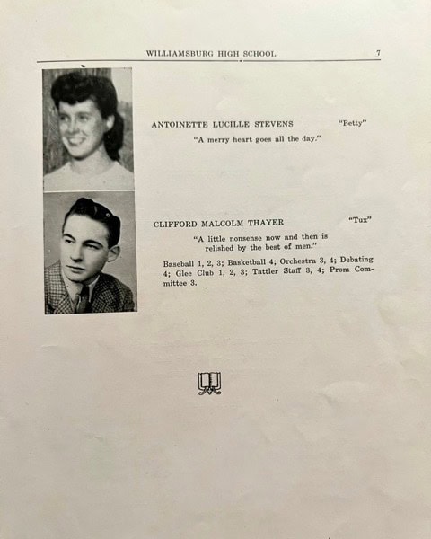 yearbook page with black and white headshots of antoinette lucille stevens and clifford malcolm thayer, listing their nicknames, quotes, and extracurricular activities.