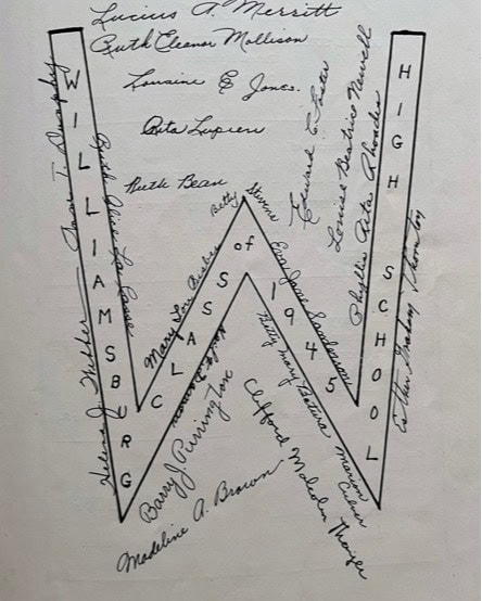 a large "w" labeled "williamsburg high school" is surrounded by signatures and handwritten names, with "class of 1945" written inside the letter.