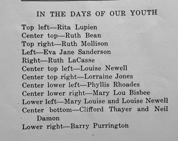 a black and white list titled "in the days of our youth" identifies individuals' names by their positions in a group photograph.
