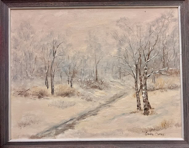 a painting of a winter landscape showing bare trees, snow covered ground, a path through the scene, and muted tones throughout.