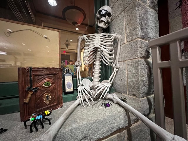 a plastic skeleton with an eye patch sits against a stone wall next to a book with an eye, a candle, and colorful toy spiders.