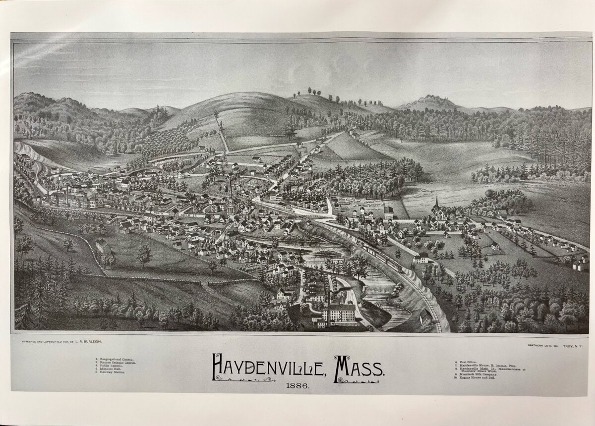 black and white illustrated map of haydenville, massachusetts from 1886, showing buildings, roads, trees, hills, and labeled landmarks with a decorative title at the bottom.