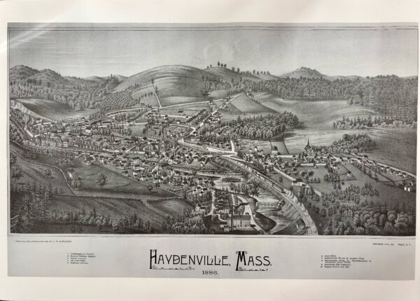 black and white illustrated map of haydenville, massachusetts from 1886, showing buildings, roads, trees, hills, and labeled landmarks with a decorative title at the bottom.