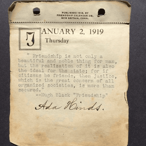 a vintage calendar page from january 2, 1919, featuring a quote about friendship by hugh black and a handwritten signature, "ada hinds.