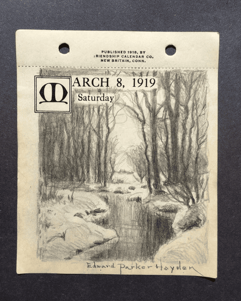 a 1919 calendar page for march 8, saturday, featuring a pencil sketch of a wooded stream by edward parker hayden. published by rineshvip calendar co., new britain, connecticut.