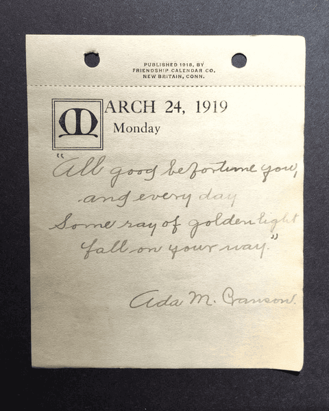 a dated calendar page from march 24, 1919, with a handwritten quote and signature from ada m. dawson.