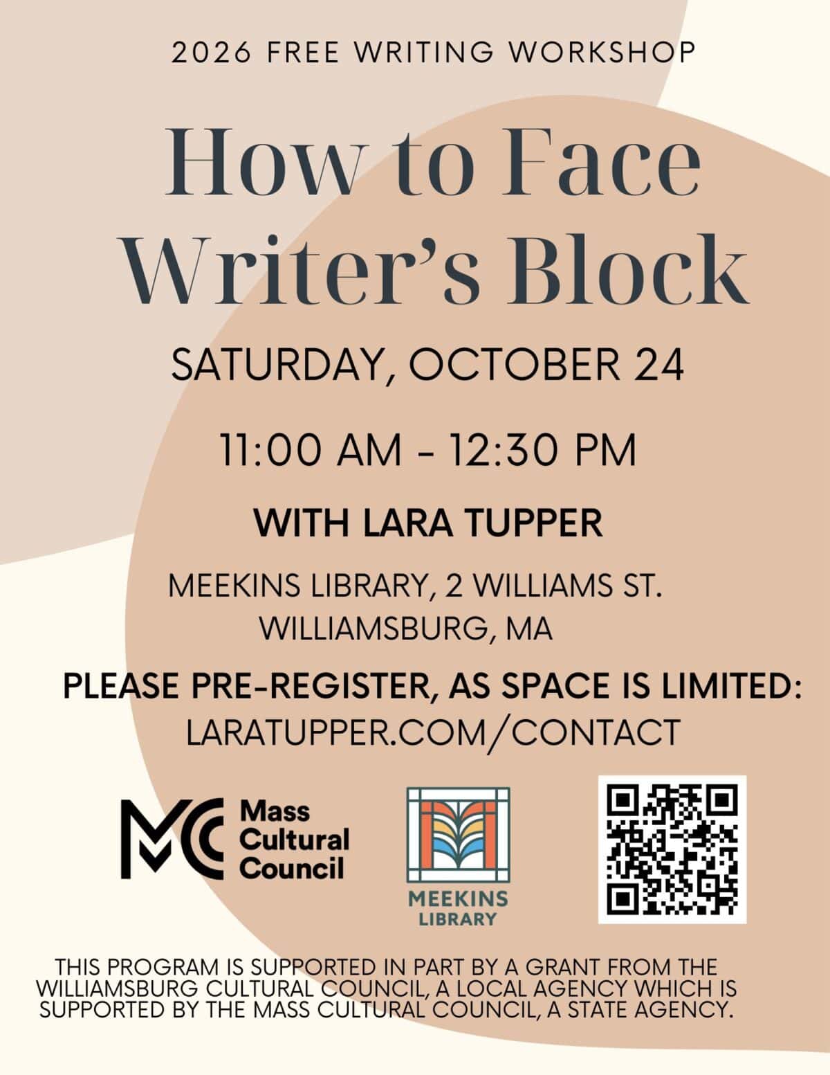 flyer for a free writing workshop, “how to face writer’s block,” on october 24, 11 am 12:30 pm at meekins library, williamsburg, ma, with details about preregistration and sponsors.