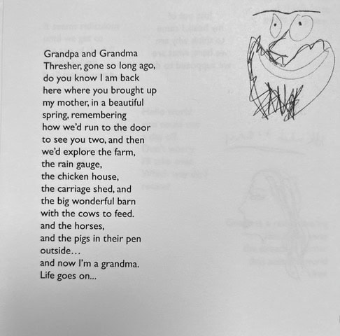 a poem recalling childhood memories on a farm is printed alongside two simple, childlike pencil drawings of faces on a white page.