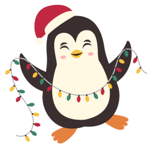 cartoon penguin wearing a santa hat and holding a string of colorful holiday lights.
