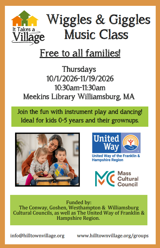 flyer for wiggles & giggles music class at meekins library on thursdays from 10/1/2026 to 11/19/2026. includes age range, contact info, and funding information.
