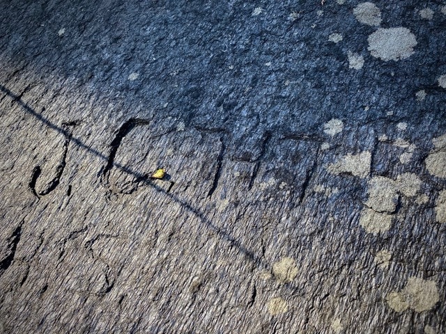 a rough stone surface with "john" carved into it, partially covered by shadow and patches of light colored lichen.