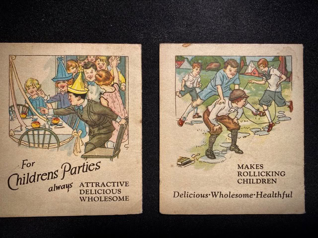 two vintage illustrations show children at a party with food and children playing outdoors. text promotes the food as "delicious, wholesome, healthful" and ideal for parties.