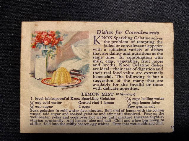 a vintage recipe card titled "dishes for convalescents" featuring a gelatin dessert, a serving suggestion, and the lemon mist recipe with preparation instructions.
