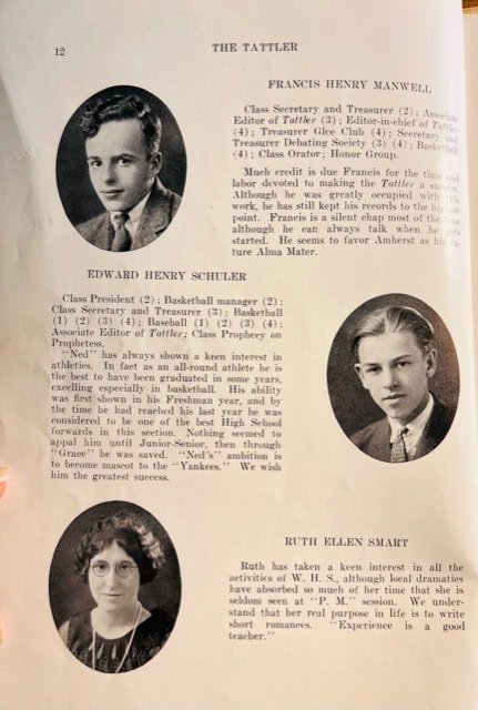 a yearbook page titled "the tattler" features black and white portraits and short biographies of three students, including their achievements and extracurricular activities.