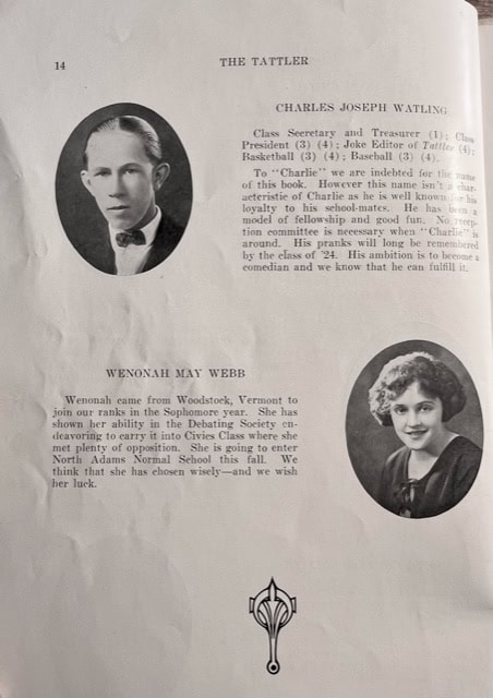a yearbook page featuring black and white portraits and brief bios of charles joseph watling and wenonah may webb, each highlighting their academic and extracurricular achievements.