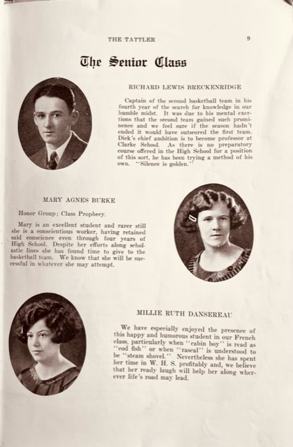 page from a yearbook featuring black and white portraits and brief descriptions of three senior class students: richard lewis breckenridge, mary agnes burke, and millie ruth danserau.