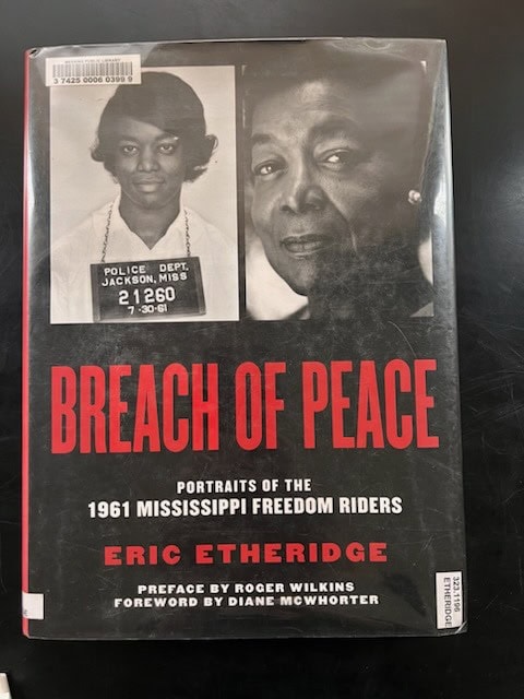 cover of the book "breach of peace" by eric etheridge, featuring mugshots of the 1961 mississippi freedom riders and bold red and white text.