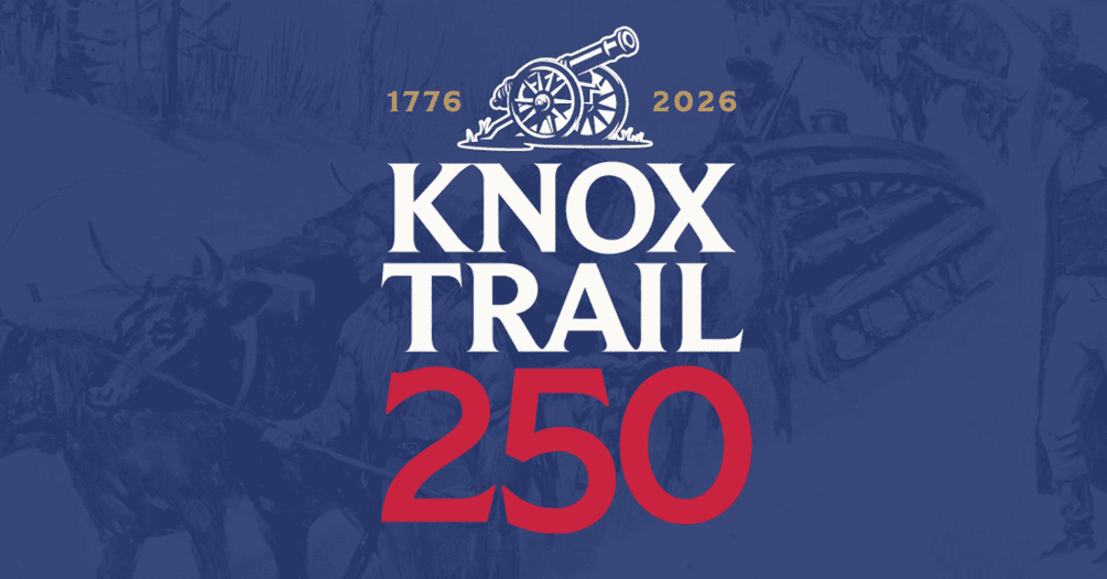 knox trail 250 logo with cannon illustration, years 1776 and 2026, and a blue background showing oxen and people moving a cannon.