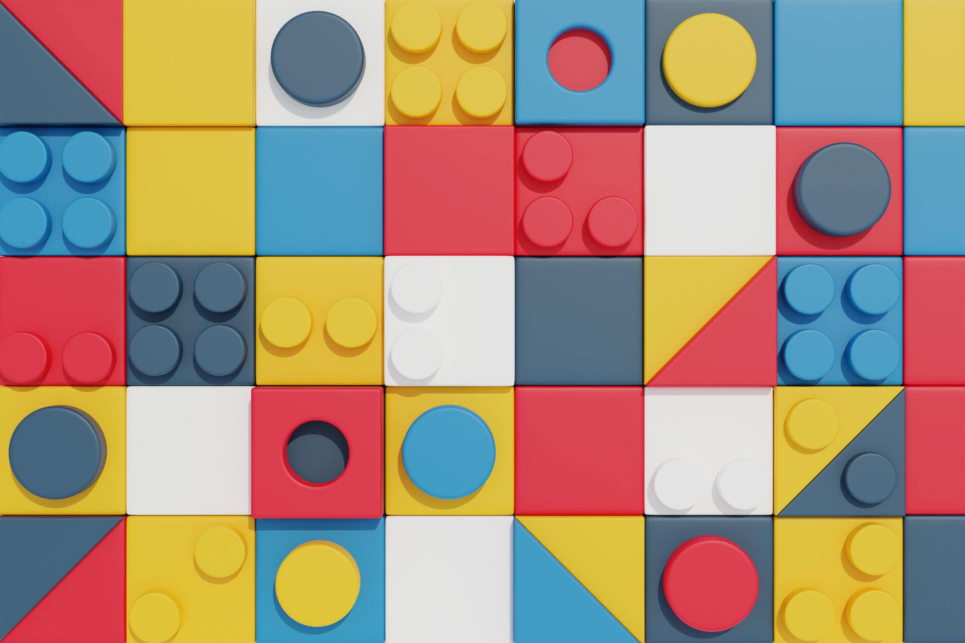 colorful plastic building blocks arranged in a grid pattern, featuring squares and circles in red, blue, yellow, and white.