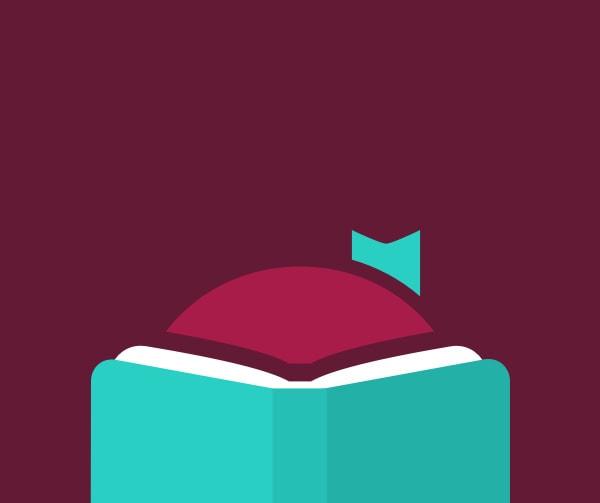 Minimalist illustration of an open teal book with a maroon semicircle and teal bookmark above, all on a maroon background.