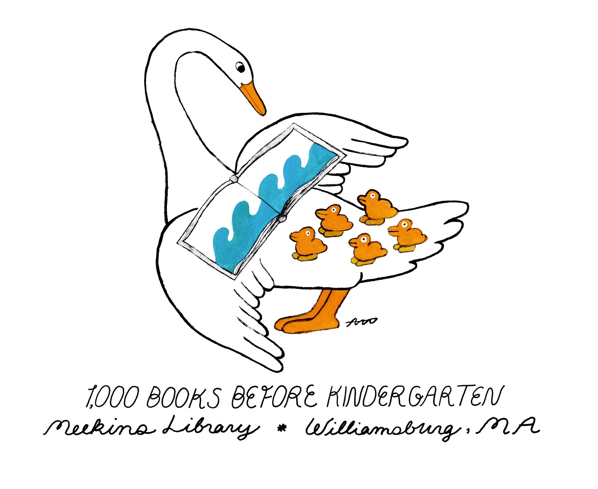 a line drawing of a swan reading a book with five ducklings, titled “1,000 books before kindergarten” for meekins library in williamsburg, ma.