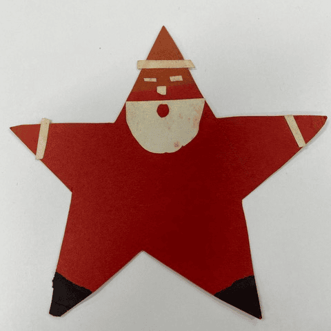 a red paper star decorated to resemble santa claus, with simple facial features and details drawn on, placed on a plain white background.