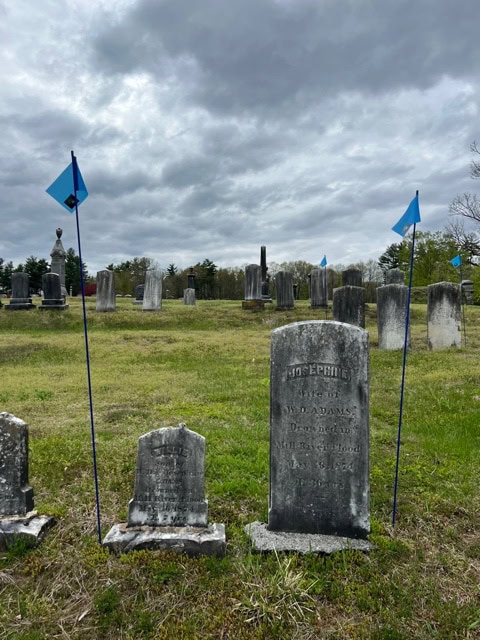 a cloudy sky over an old cemetery, with weathered gravestones and blue flags marking specific graves on a grassy field.