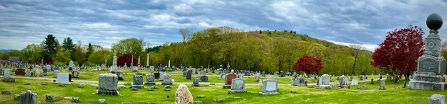 a wide view of a cemetery with numerous gravestones, green grass, trees with spring foliage, and a cloudy sky in the background.