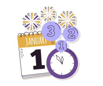 illustration of a calendar displaying january 1st, a clock near midnight, countdown numbers, and fireworks, symbolizing new year's celebration.