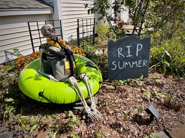 a plastic skeleton in a life jacket sits on a green pool float next to a chalkboard sign that reads "rip summer" in a garden bed outside a house.