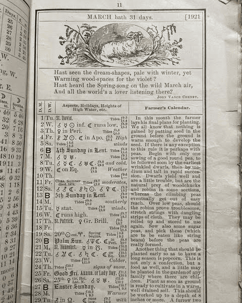 a vintage almanac page for march 1921 features a poem, an illustration of a lamb, and a detailed calendar with astronomical and agricultural notes.